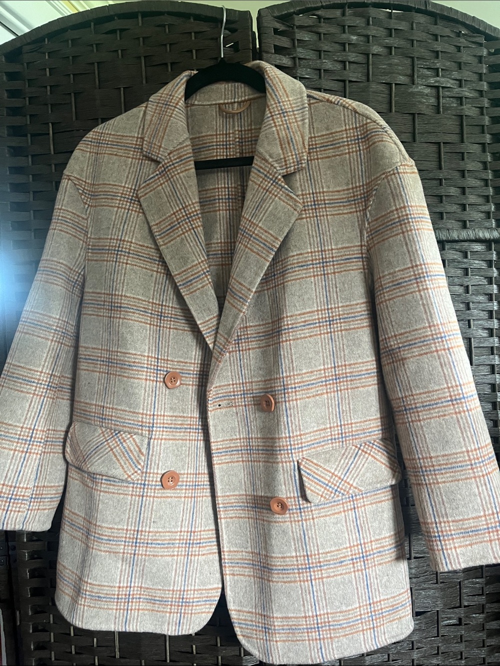 Classic Beige Plaid Double-Breasted Blazer with Tan & Blue Windowpane